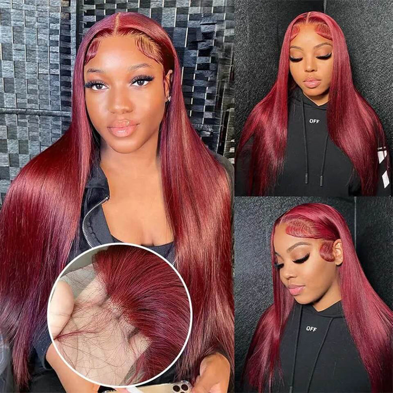 Straight Color#99j 13×4 Full Frontal Lace Wig Pre Plucked Human Hair Wigs Glueless Transparent Lace Wig