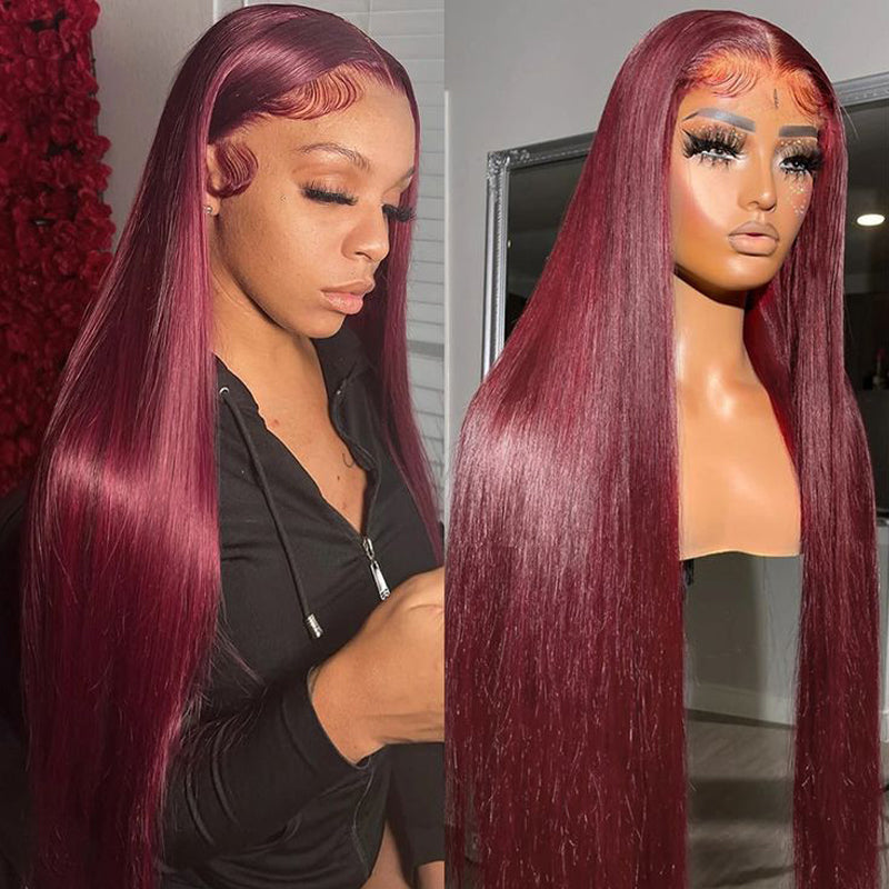 Straight Color#99j 13×4 Full Frontal Lace Wig Pre Plucked Human Hair Wigs Glueless Transparent Lace Wig