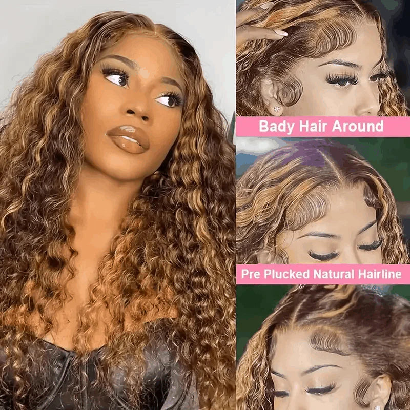 Deep Wave Color#4/27 Highlight 13×4 Full Frontal Lace Wig Pre Plucked Human Hair Wigs Glueless HD Lace Bleached Knots