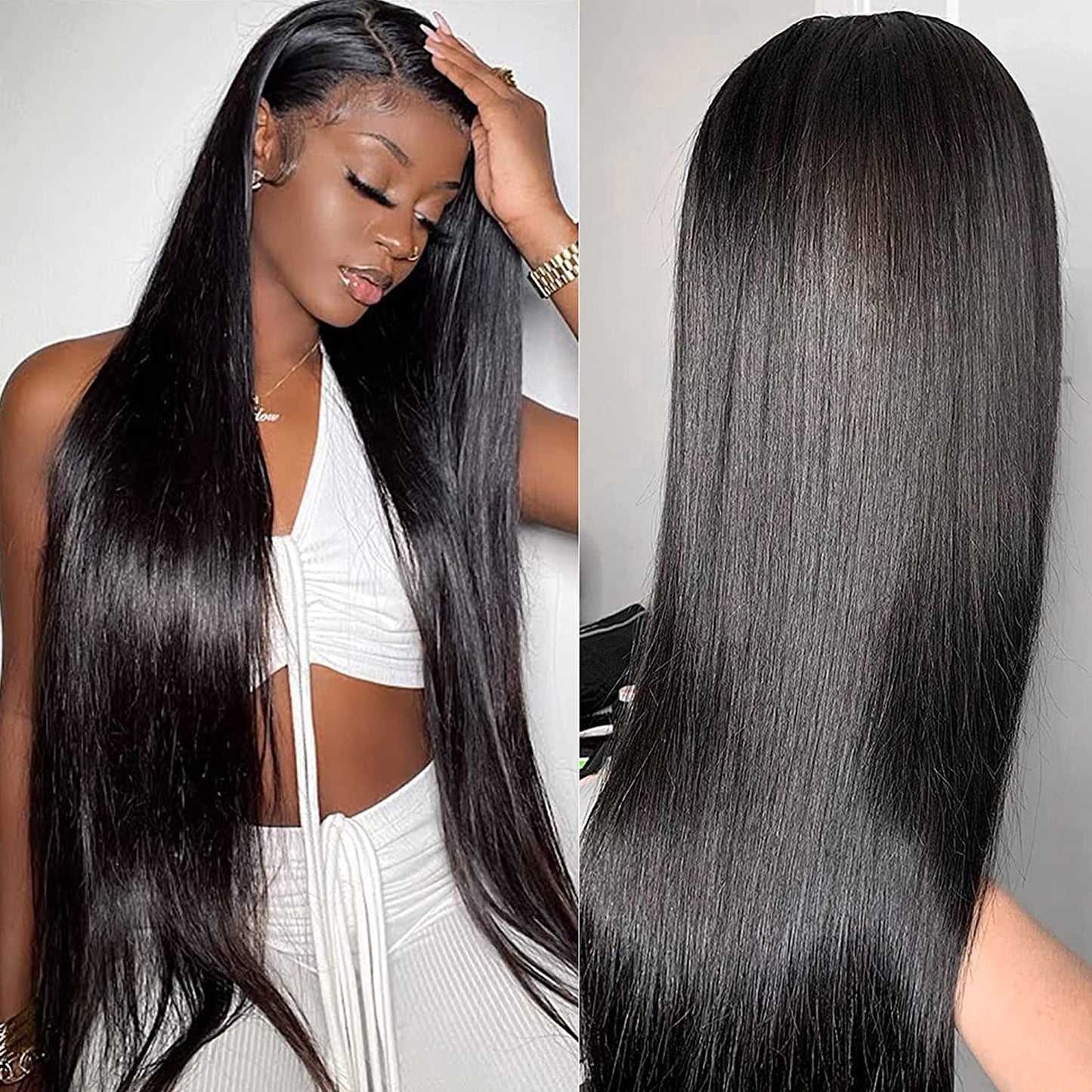 Straight 13×6 Full Frontal Lace Wig Pre Plucked Human Hair Wigs Glueless HD Lace Bleached Knots