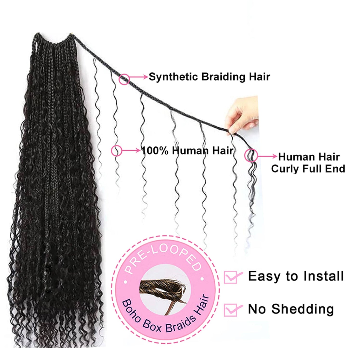 Boho Crochet Box Braids with Human Hair Curls Pre-Looped Deep Wave 1 package include 40 Strands