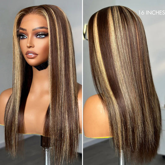 Straight Color#4/27 Highlight 13×4 Full Frontal Lace Wig Pre Plucked Human Hair Wigs Glueless HD Lace Bleached Knots