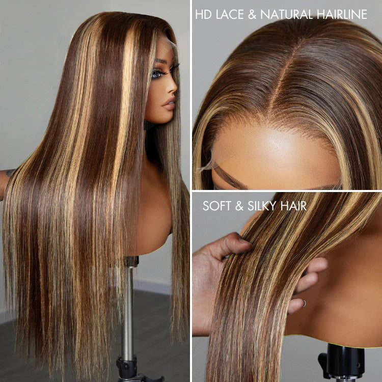 Straight Color#4/27 Highlight 13×4 Full Frontal Lace Wig Pre Plucked Human Hair Wigs Glueless HD Lace Bleached Knots