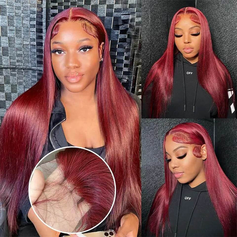 Straight Color#99j 13×4 Full Frontal Lace Wig Pre Plucked Human Hair Wigs Glueless Transparent  Lace Wig