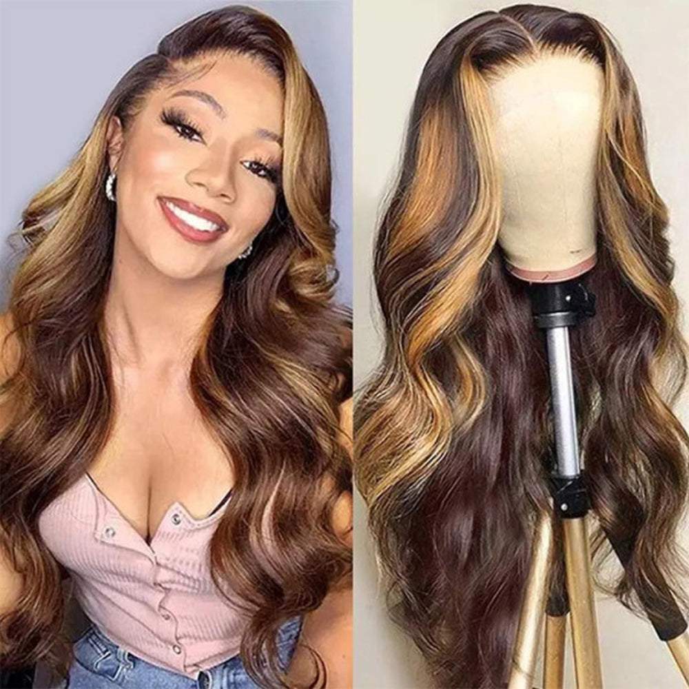 Body wave Color#4/27 Highlight 13×4 Full Frontal Lace Wig Pre Plucked Human Hair Wigs Glueless HD Lace Bleached Knots