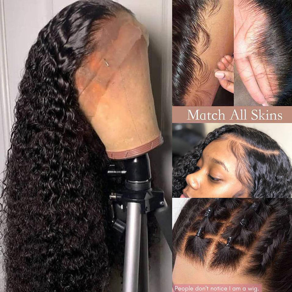 Deep Curly 360 Frontal Lace Wig Pre Plucked Human Hair Wigs Glueless HD Lace Bleached Knots