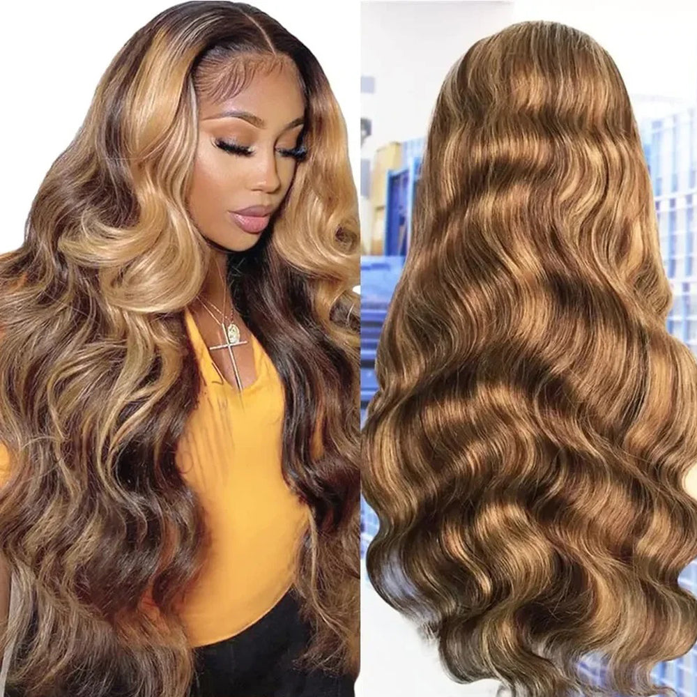 Body wave Color#4/27 Highlight 13×4 Full Frontal Lace Wig Pre Plucked Human Hair Wigs Glueless HD Lace Bleached Knots