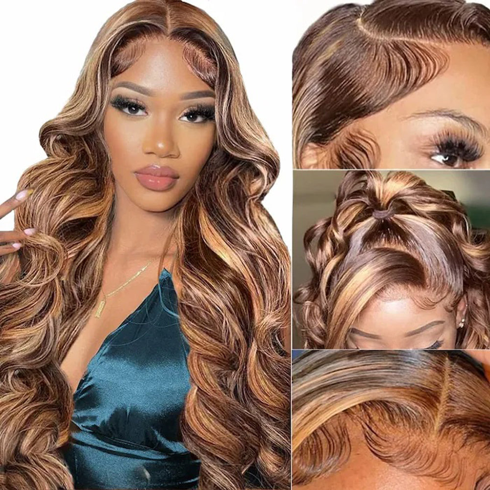 Body wave Color#4/27 Highlight 13×4 Full Frontal Lace Wig Pre Plucked Human Hair Wigs Glueless HD Lace Bleached Knots