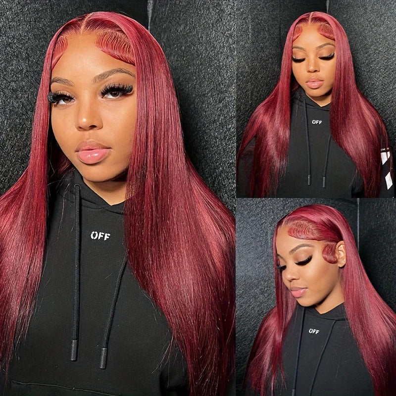 Straight Color#99j 13×4 Full Frontal Lace Wig Pre Plucked Human Hair Wigs Glueless Transparent  Lace Wig