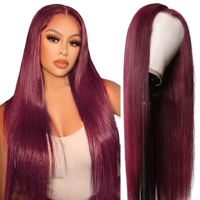 Straight Color#99j 13×4 Full Frontal Lace Wig Pre Plucked Human Hair Wigs Glueless Transparent  Lace Wig