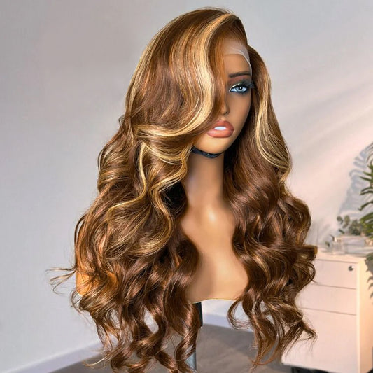 Body wave Color#4/27 Highlight 13×4 Full Frontal Lace Wig Pre Plucked Human Hair Wigs Glueless HD Lace Bleached Knots