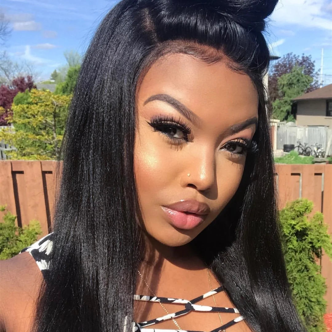 Yaki Straight 13×4 Full Frontal Lace Wig Pre Plucked Human Hair Wigs Glueless HD Lace Bleached Knots