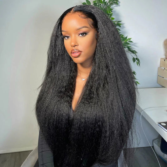 Yaki Straight 13×4 Full Frontal Lace Wig Pre Plucked Human Hair Wigs Glueless HD Lace Bleached Knots