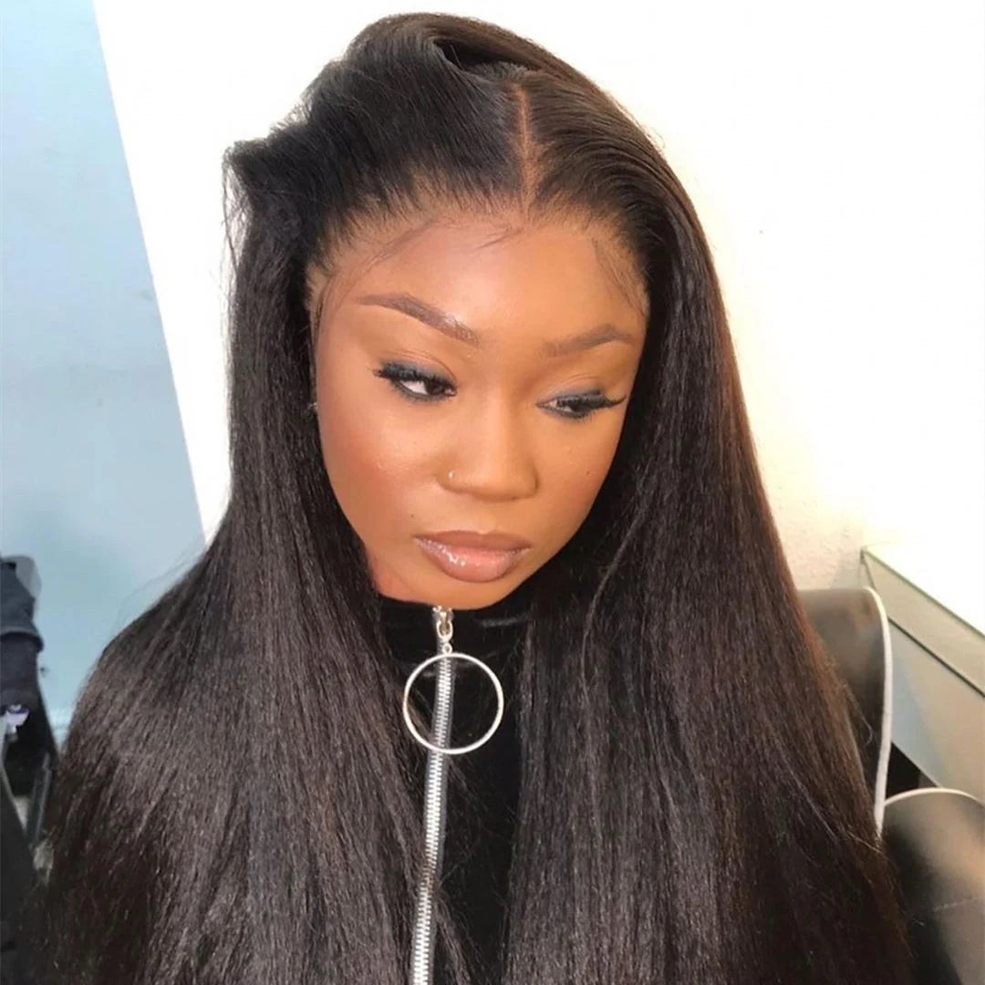 Yaki Straight 13×4 Full Frontal Lace Wig Pre Plucked Human Hair Wigs Glueless HD Lace Bleached Knots