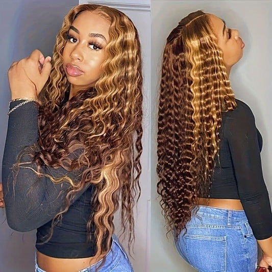 Deep Wave Color#4/27 Highlight 13×4 Full Frontal Lace Wig Pre Plucked Human Hair Wigs Glueless HD Lace Bleached Knots