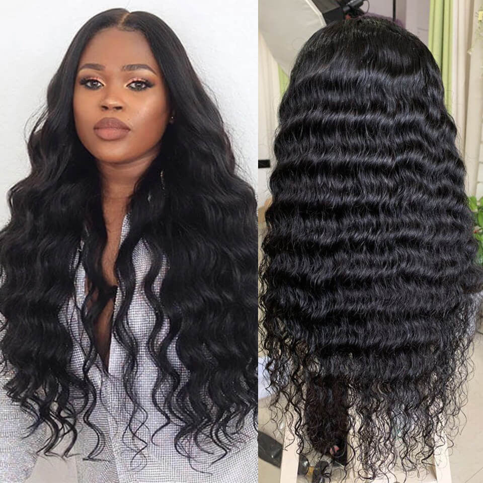 Deep Wave 13×6 Full Frontal Lace Wig Pre Plucked Human Hair Wigs Glueless HD Lace Bleached Knots