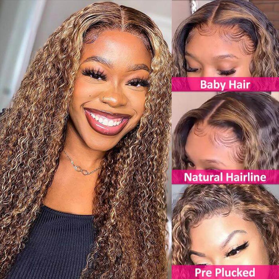 Deep Curly Color#4/27 Highlight 13×4 Full Frontal Lace Wig Pre Plucked Human Hair Wigs Glueless HD Lace Bleached Knots