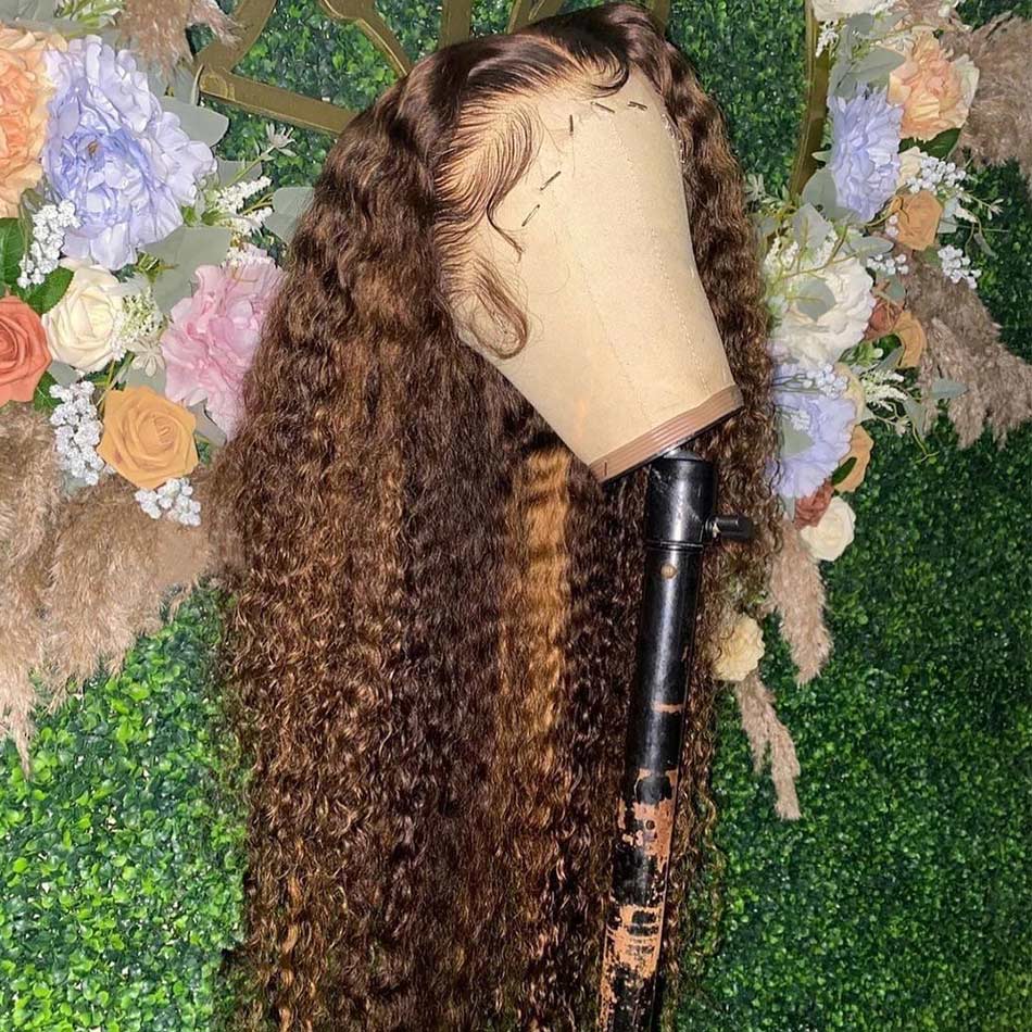 Deep Curly Color#4/27 Highlight 13×4 Full Frontal Lace Wig Pre Plucked Human Hair Wigs Glueless HD Lace Bleached Knots