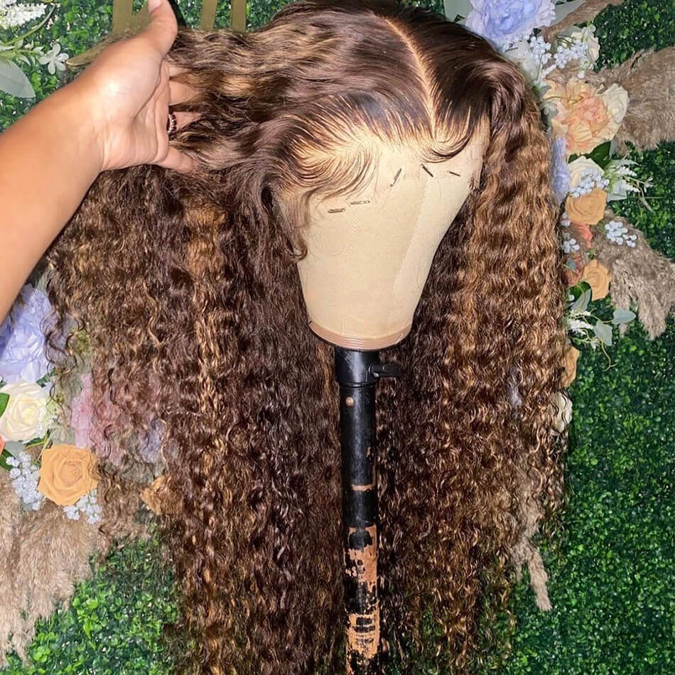 Deep Curly Color#4/27 Highlight 13×4 Full Frontal Lace Wig Pre Plucked Human Hair Wigs Glueless HD Lace Bleached Knots