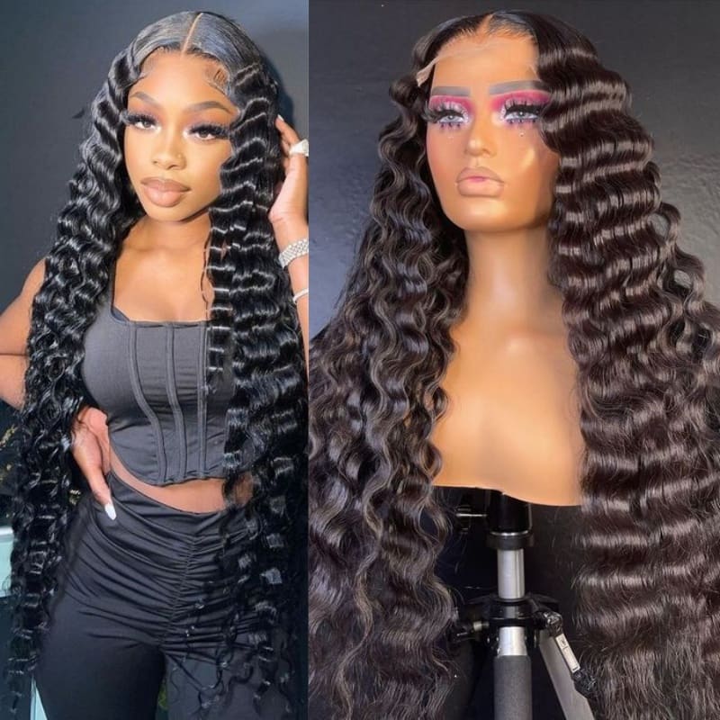 Deep Wave 360 Frontal Lace Wig Pre Plucked Human Hair Wigs Glueless HD Lace Bleached Knots