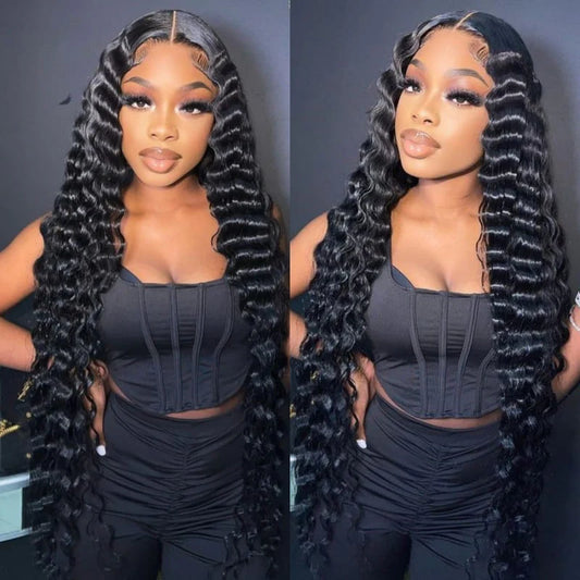 Deep Wave 360 Frontal Lace Wig Pre Plucked Human Hair Wigs Glueless HD Lace Bleached Knots