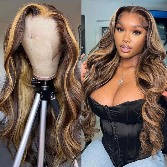Body Wave Color#4/27 Highlight 13×4 Full Frontal Lace Wig Pre Plucked Human Hair Wigs Glueless HD Lace Bleached Knots