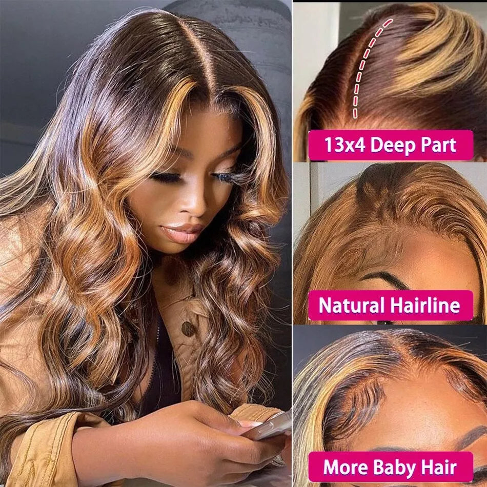 Body Wave Color#4/27 Highlight 13×4 Full Frontal Lace Wig Pre Plucked Human Hair Wigs Glueless HD Lace Bleached Knots