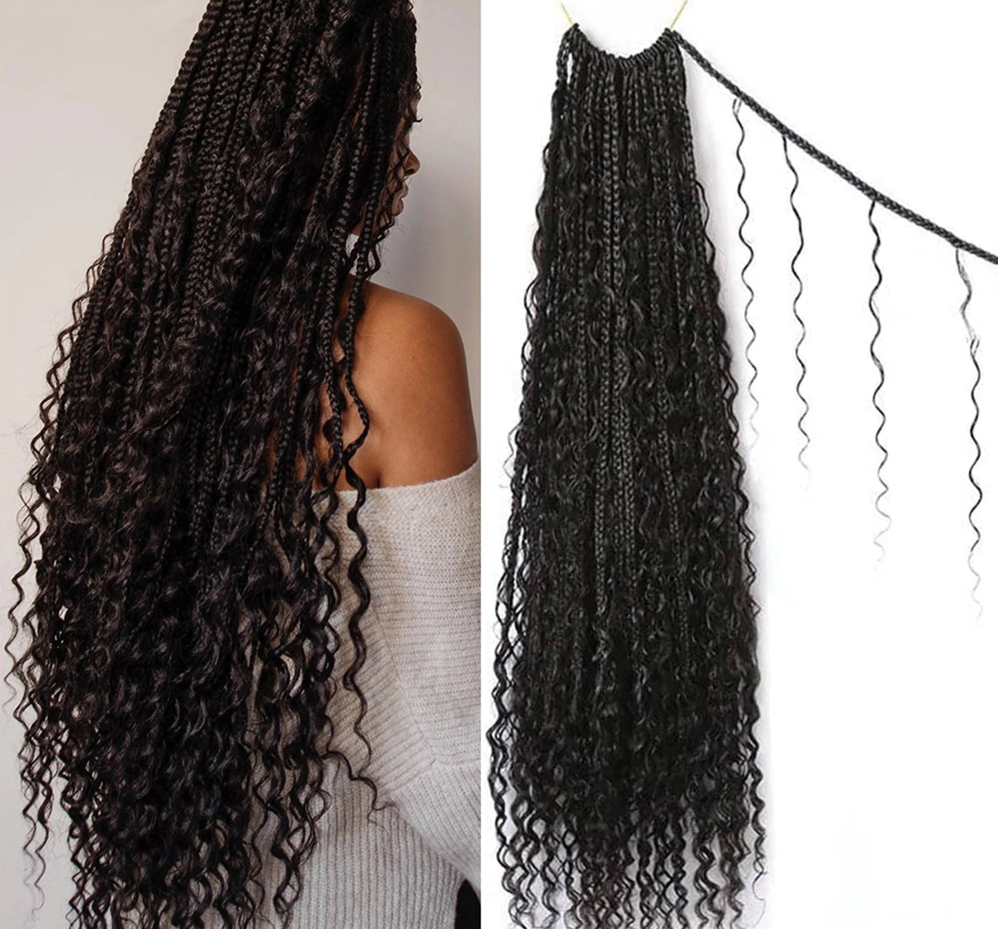 Boho Crochet Box Braids with Human Hair Curls Pre-Looped Deep Wave 1 package include 40 Strands