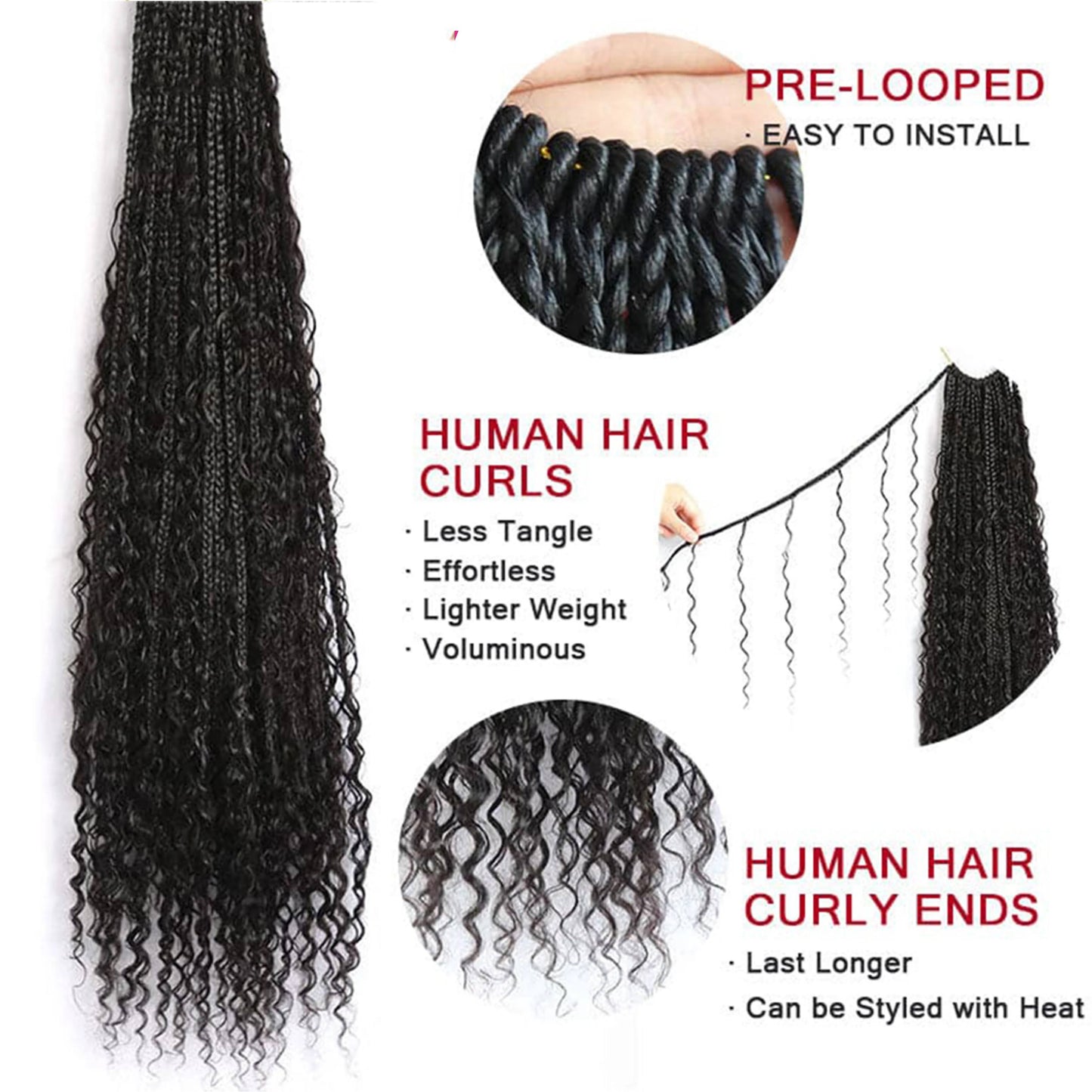 Boho Crochet Box Braids with Human Hair Curls Pre-Looped Deep Wave 1 package include 40 Strands